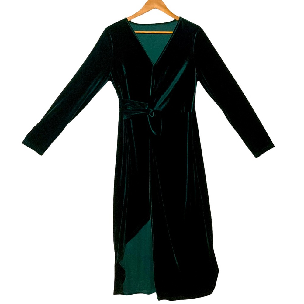SHEIN sz Large Dress Velvet V Neck Draping Front Faux Wrap Stretchy Green